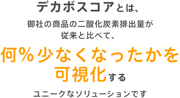 デカボスコアとは、御社の商品の二酸化炭素排出量が従来と比べて、何%少なくなったかを可視化するユニークなソリューションです